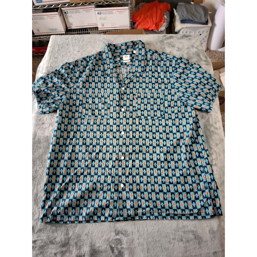 Levis Mens XL Relaxed Fit Short Sleeve Button Up Shirt Blue Orange Diamond Print